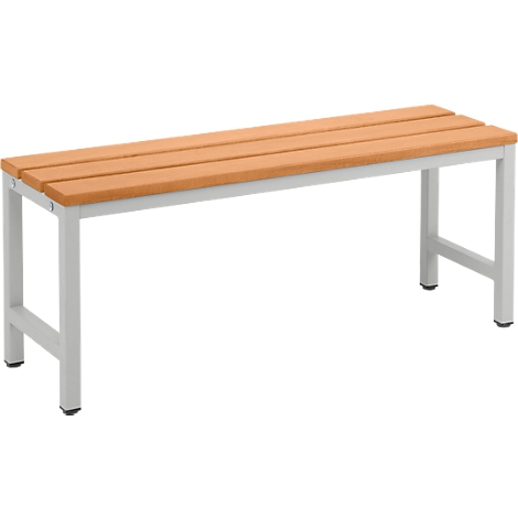 Long wooden bench with light gray metal frame. The seat consists of three parallel wooden slats.