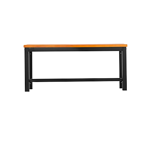 Workbench with a wooden top and black metal frame. It stands in front of a white background.