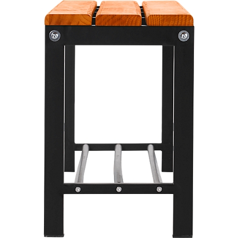 Stool, black metal frame, seat made of wooden slats.