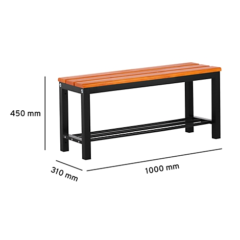 A bench with wooden slats, black metal frame. Dimensions: 1000 x 450 x 310 mm.