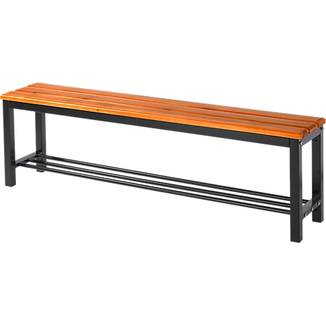 Wooden bench with brown wooden slats on black metal frame, two shelves below.