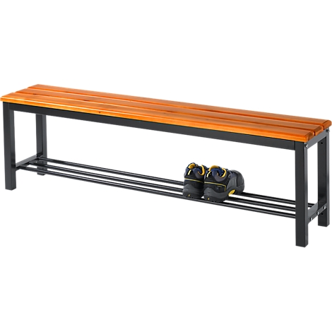 Wooden bench with black metal legs. Below is a shelf for shoes, on which two sports shoes stand.