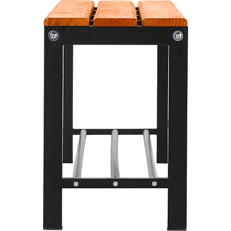 Stool with wooden seats and black metal frame.