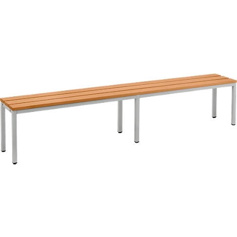 Long wooden bench with light metal legs. The seat is made of wooden slats.