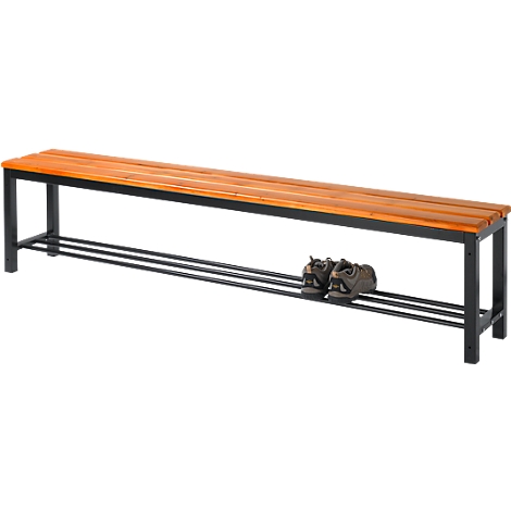 Wooden bench with black metal frame. Brown shoes rest on the shelf.