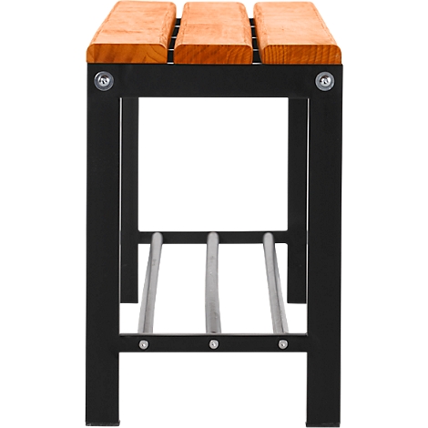 A small stool with a wooden slat seat and a black metal frame. Bars below.