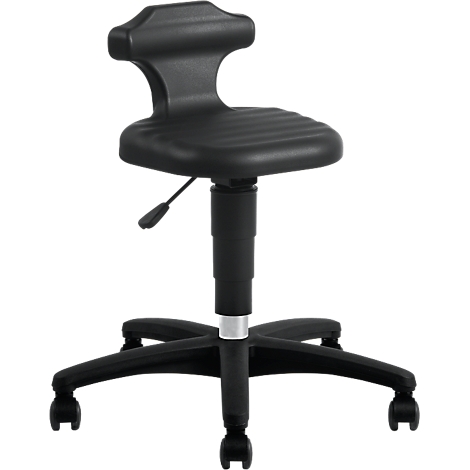 Black office chair with backrest, height adjustable, on castors.