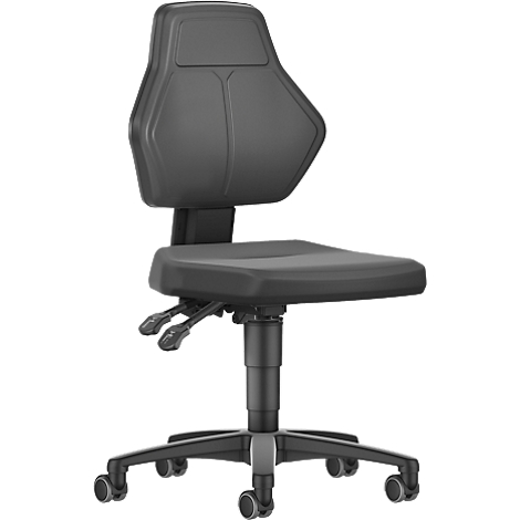 A black office chair with wheels, adjustable armrests, and an ergonomic backrest.