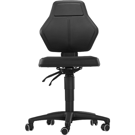 Black swivel chair from behind. The chair has an ergonomic backrest and seat. On castors.