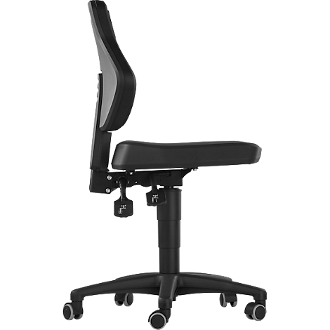 Black office chair in profile. Backrest with grey insert, seat and armrests black, on castors.