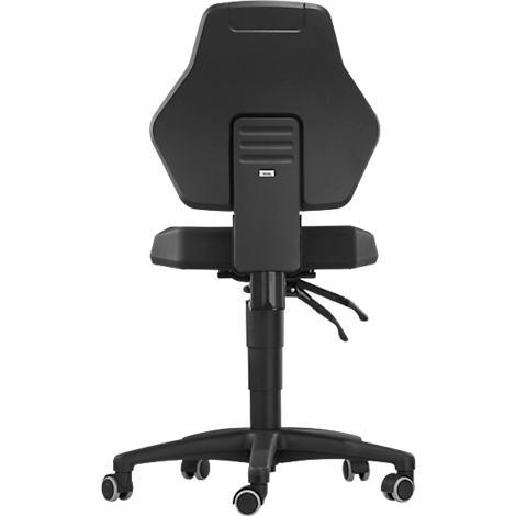 Black office chair, back view: Backrest, seat and wheeled base.