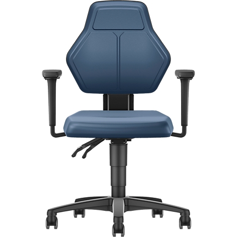 Office chair with blue seat and backrest, black armrests and base.