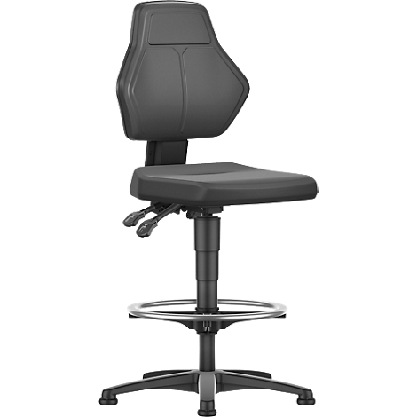 Black, height-adjustable chair composed of separate parts. The chair has a backrest and a footrest.