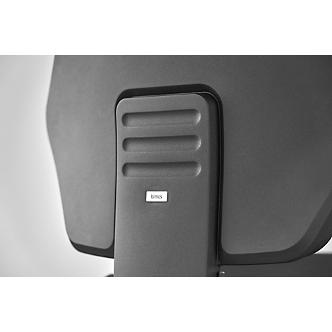 Grey office chair detail: Backrest with three horizontal grooves and sticker with the inscription "bemos".