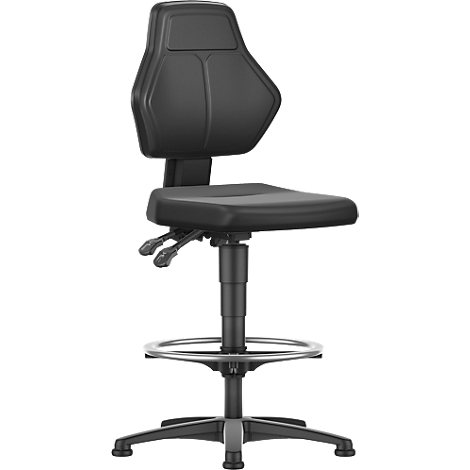 Black office chair, ergonomically shaped with backrest, seat and foot ring.