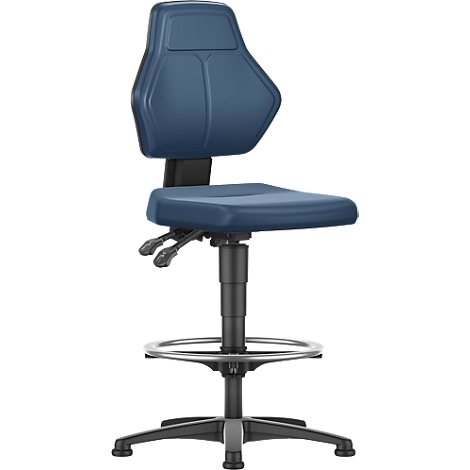 Blue work chair with backrest, seat, and footrest. The chair is height-adjustable and stands on a black base.