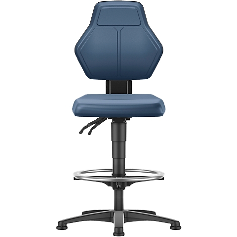 Blue, height-adjustable swivel stool, detailed view.
