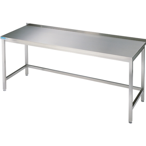 Stainless steel table with four legs, simple design, ideal work surface.