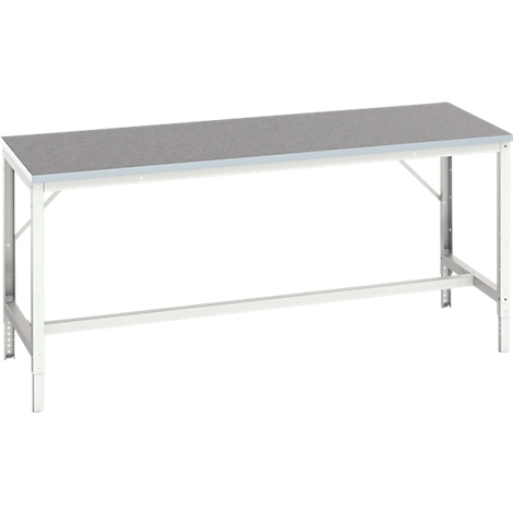 A silver workbench with gray table top. The legs are made of metal.