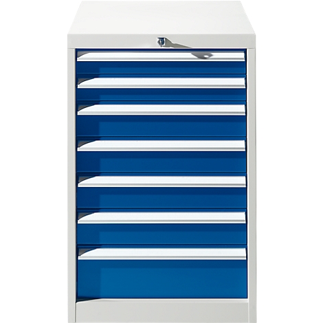 White cabinet with blue interior and white shelves.