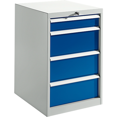 Metal cabinet with four drawers: White body, blue drawers with white handles, lock on top.