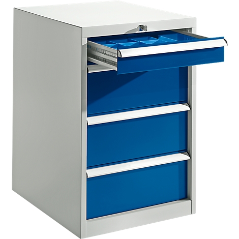 A white and blue cabinet module with an open drawer. The drawer is blue with blue interior dividers.