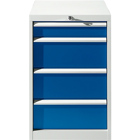 Blue tool cabinet with four drawers, lock at the top, white frame.