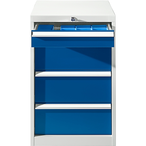 White cabinet with blue drawers. One drawer is open, showing blue compartments. Handles and frame are white.