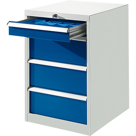 Tool cabinet with three drawers, one is open.