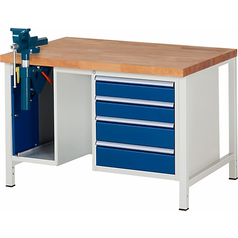 Workbench with wooden top, blue drawers, and vise.