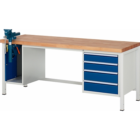Workbench with wooden top, blue drawers and a vise.