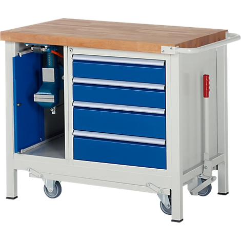 Workbench with wooden top, drawers, wheels and blue cabinet.