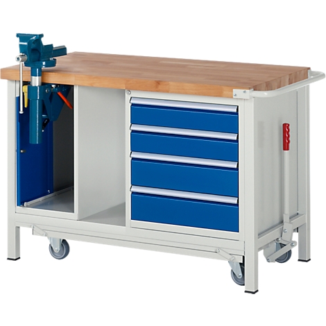 Workbench with blue workbench, wooden top, blue drawers and vice.