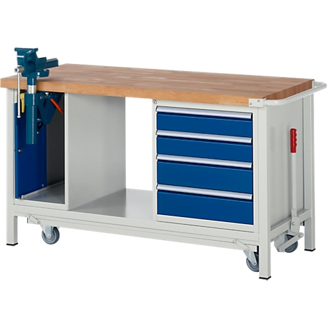 Workbench with wooden top, vise, drawers, and wheels. Gray metal frame, blue accents.