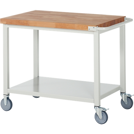 Kitchen cart with wooden top and wheels. A lower level provides storage space.