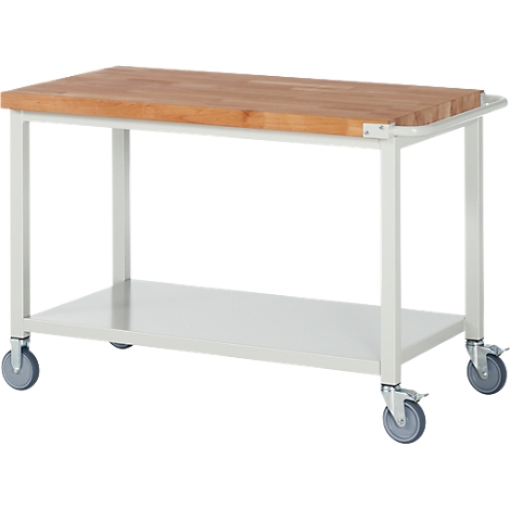 Kitchen trolley with wooden top and metal frame on wheels.
