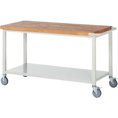 White kitchen table with wooden top and wheels, lower shelf.