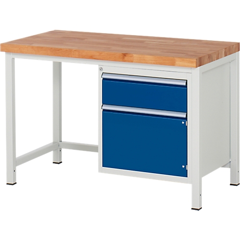 Workbench with wooden top and blue drawers.