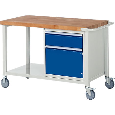 Work bench with wooden top, blue drawers, white frame and castors.