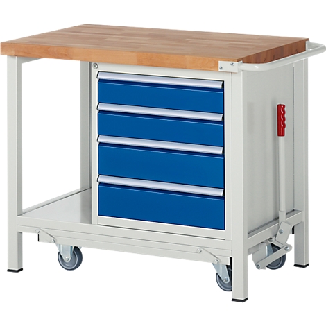 Workbench with wooden top, blue drawers and wheels. A red lever is used for height adjustment.