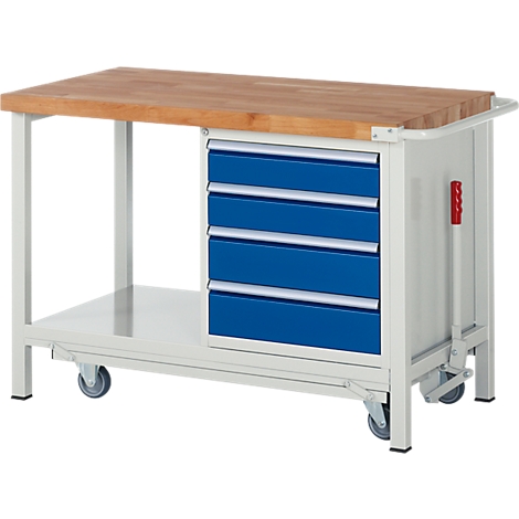 Workbench with wooden top, blue drawers, wheels, and red handle.
