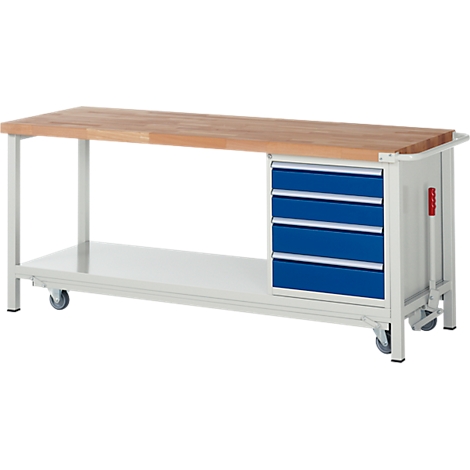 Workbench with wooden top and blue drawers. The workbench stands on castors.