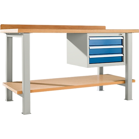 Workbench with wooden top, gray metal legs, three blue drawers and a shelf.