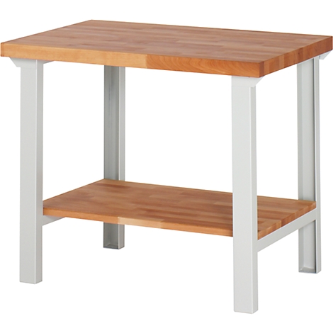 Wooden table with white metal frame. The table top and bottom shelf are made of wood. There is a frame with four legs.