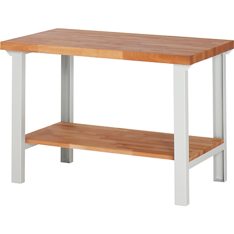 Wooden table with light legs and shelf. Table top and shelf made of light wood, legs made of light metal. Perspective view.