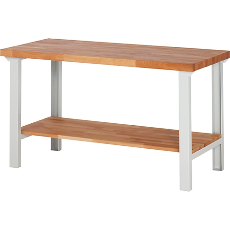 Wooden table with light-colored legs and a shelf.