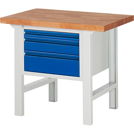 Workbench with wooden top, blue drawer compartment and white frame.