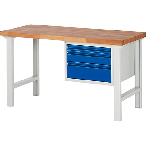 Workbench with wooden top, blue drawer unit, and white frame.