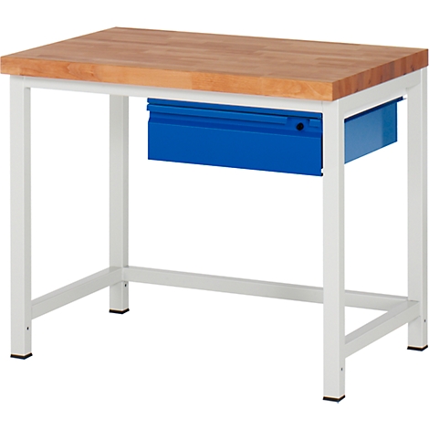 Workbench with wooden top, blue drawer and white frame. Visible in detail.