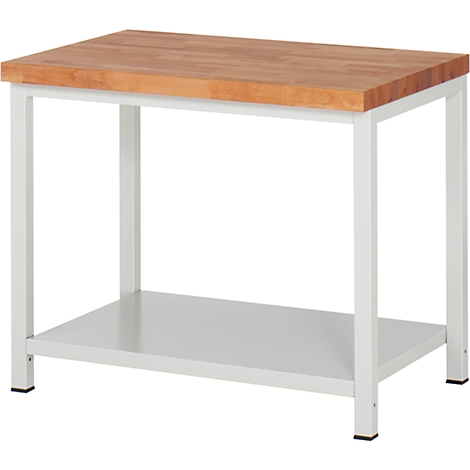 Workbench with wooden top and white frame. There is a shelf under the work surface.